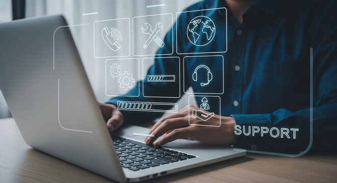 Person typing on laptop with support icons representing technical assistance and customer service