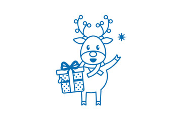 Adorable reindeer with scarf holds a present and waves hello in blue outline