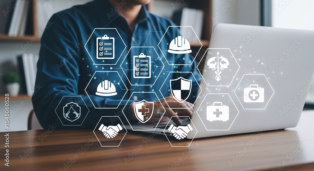 Poster Man using laptop with safety and health icons overlayed on screen in an office environment setting