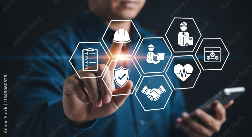 Poster person interacting with digital icons representing safety and business concepts on a screen interfac