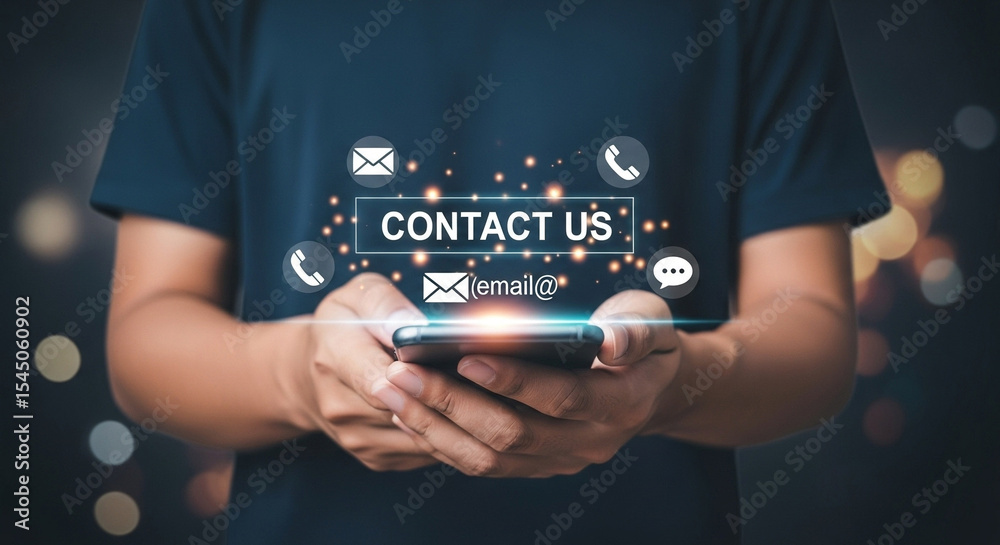 Poster person holding phone with contact us icons floating above it against a dark background scene