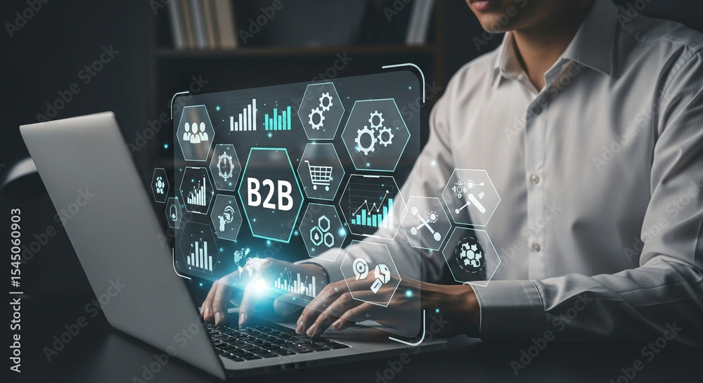 Poster Man typing on laptop with b to b business icons and charts overlayed on the screen showing growth