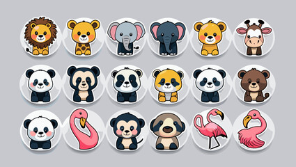 Obraz premium Collection of cartoon animals including lions elephants pandas flamingos and other cute creatures