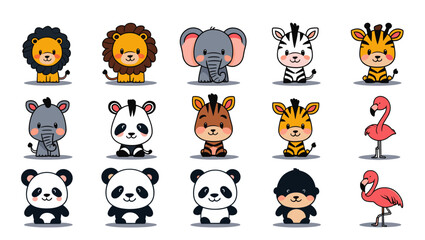 Illustration of cartoon animals including lions elephants zebras giraffes pandas bear and flamingos on white