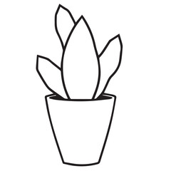 A bold black silhouette of a potted cactus with sharp spines and distinct segments is positioned on a white background.