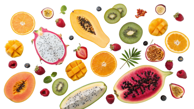 Colorful tropical fruit flat lay with sliced mango, papaya, kiwi, dragon fruit, orange, pomegranate, and citrus fruits isolated on transparent background, vibrant healthy food design - Powered by Adobe