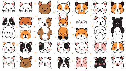 Illustration of a collection of cartoon animal faces and bodies including hamsters, rabbits, and cats