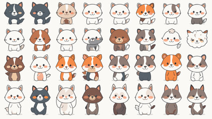 Illustration showing a collection of cute cartoon puppies with various colors and markings in a grid layout