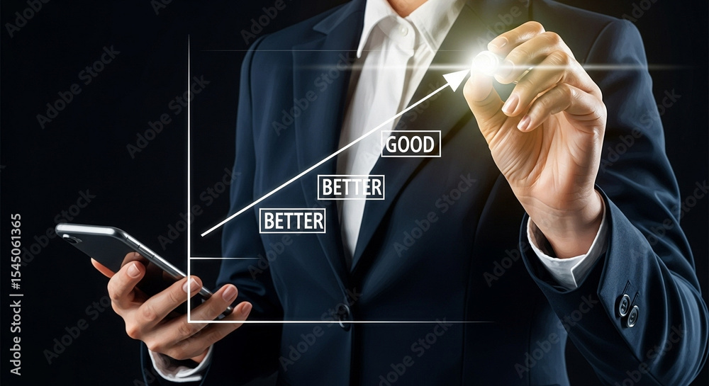 Poster businessman drawing an upward trending graph with better and good labels on black background