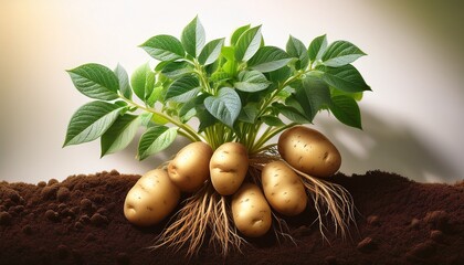 detailed illustration of a healthy green potato plant with lush leaves roots spread in soil and several mature potatoes attached underground showing natural growth