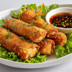 Fototapeta premium Crispy egg rolls with dipping sauce.