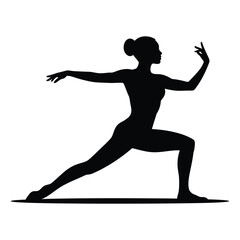 woman in Expressive arm reach dance pose, A striking black silhouette of a woman performing a dynamic yoga or martial arts pose.