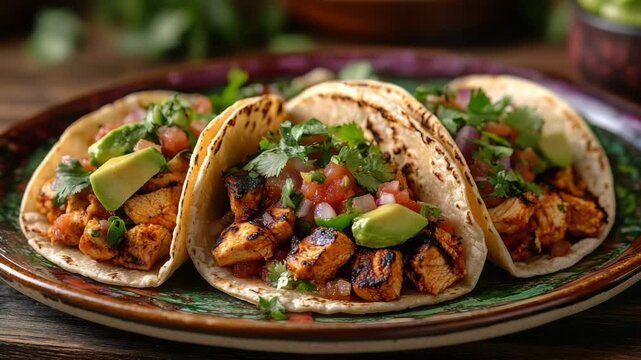 Authentic Mexican Tacos with grilled meat and fresh toppings served on a ceramic plate