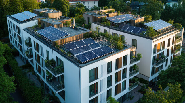 Apartment complex with solar panels installed on rooftops, modern urban renewable energy, high-resolution green city initiative —ar 16:9 