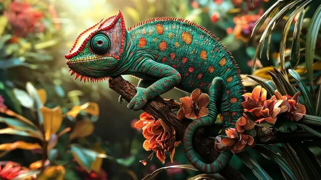 Chameleon with orange spots rests on a branch surrounded by lush tropical foliage and colorful exotic flowers.