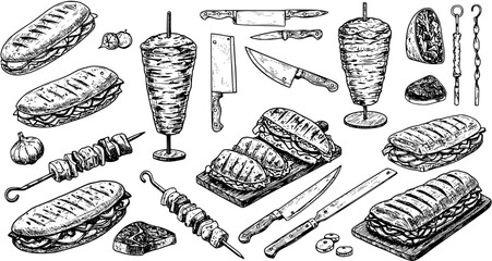 Doner Kebab set isolated on white background. Meat knives, kebab, shawarma, kebab sandwich. Shashlik on skewer. Kebab vintage design element for restaurant menu, logo, poster. Vector illustration