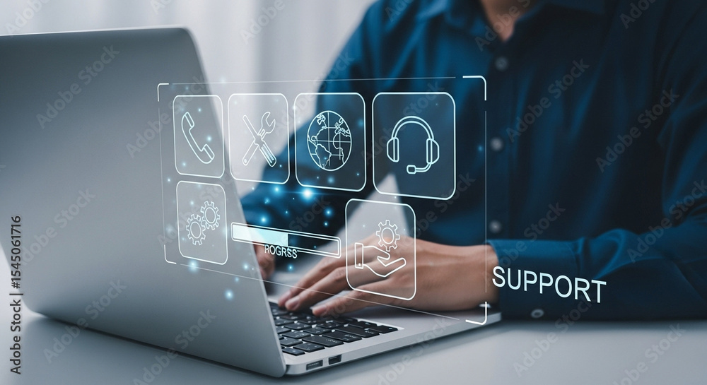 Poster Person using laptop with digital support icons and progress bar overlayed on the screen display