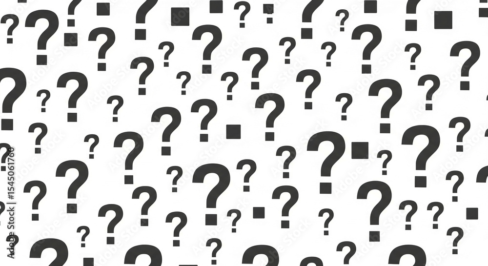 Poster Scattered dark-gray question marks on white background, creating a pattern symbolizing inquiry, uncertainty, or puzzle solving