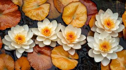 White and orange water lilies or lotus flowers with yellow leaves in the pond on a rainy day, close-up view. Beautiful nature background.