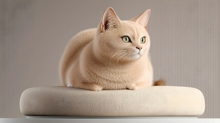 Curious cat posing on a stylish cushion indoor pet photography minimalist close-up feline beauty