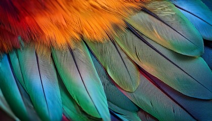 vertical macro closeup background image of beautiful smooth finished natural bird feather texture with colorful and vibrant colour tones