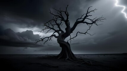 Lightning strikes gnarled tree in thunderstorm - Powered by Adobe
