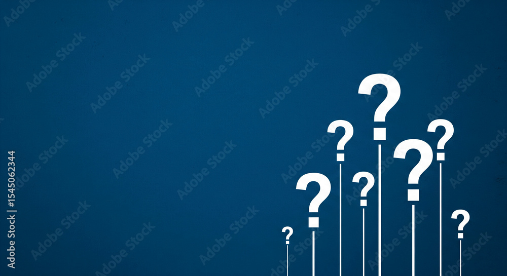 Poster dark blue background with white question marks on thin vertical lines, symbolizing inquiry, uncertai