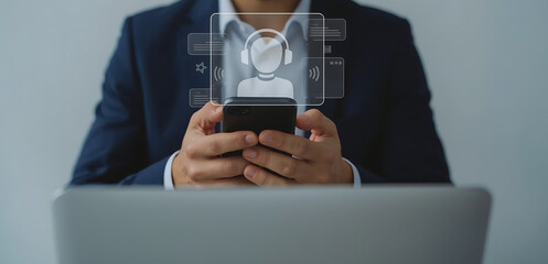 Businessman Using AI Virtual Assistant on Smartphone – Modern Tech Support Concept.