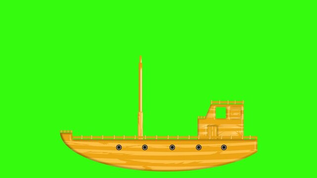 wooden ship miniature moving slowly on green screen
