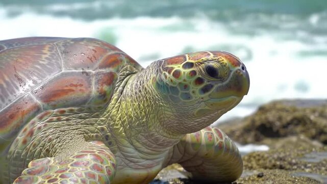 Close up of a sea turtle on the beach with ocean waves in the background on a sunny day