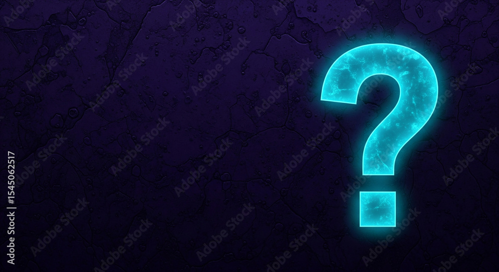 Aufkleber glowing cyan question mark on dark textured background, ample free space for text or logo, ideal for