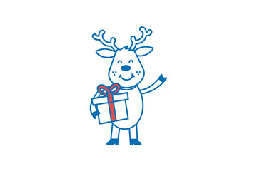 Cartoon reindeer happily waves while carrying a christmas present, outlined in blue