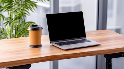 Fototapeta premium Remote work setup laptop and coffee on a desk modern office still life bright environment casual viewpoint