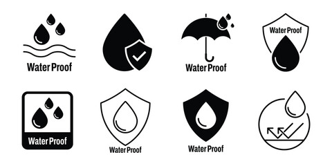Waterproof protection symbol drop safety resistant icon set for material durability coating product weather secure shield rainproof label.