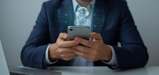 Businessman Using AI Virtual Assistant on Smartphone – Modern Tech Support Concept.