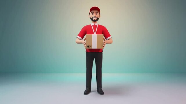 Delivery courier man in red uniform holding cardboard package box. Safe delivery of goods concept. 3d vector people character illustration. Cartoon minimal style. PNG background