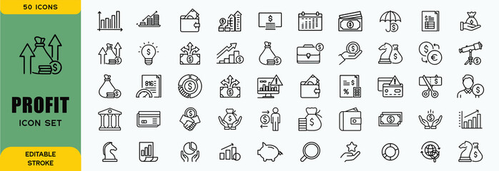 Financial profit line icon set. Containing Money income, money savings, earnings, money, cash, investment, financial growth and more. Editable stroke. Vector illustration