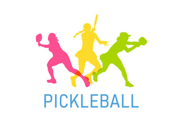 Vibrant Women's Pickleball Illustration in Bright Colors, colorful vector editable pickleball player poses for any graphic background