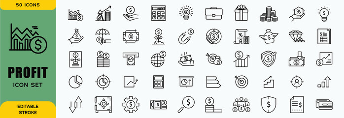 Financial profit line icon set. Containing Money income, money savings, earnings, money, cash, investment, financial growth and more. Editable stroke. Vector illustration