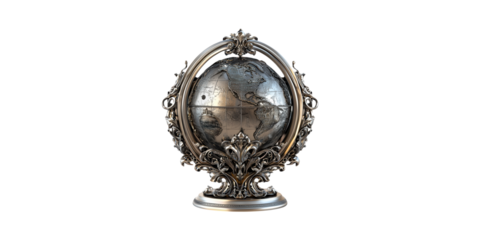 Ornate Metallic Globe With Intricate Stand. Symbol Of Global Elegance And Artistic Craftsmanship Isolated On Transparent Background