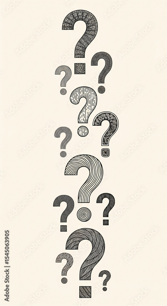 Poster vertical arrangement of textured question marks, varying in size and pattern, suggesting inquiry, cu