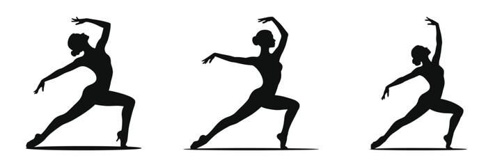 woman in Tango back arch dance pose, Three black silhouettes of ballerinas in various dynamic poses against a white background.