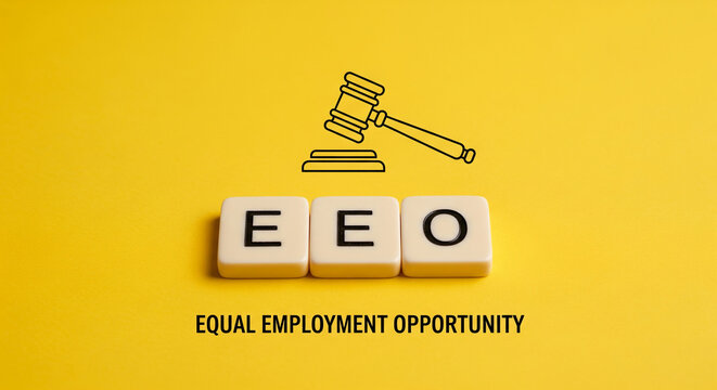 Yellow background, gavel icon, EEO spelled with tiles, signifying Equal Employment Opportunity concept