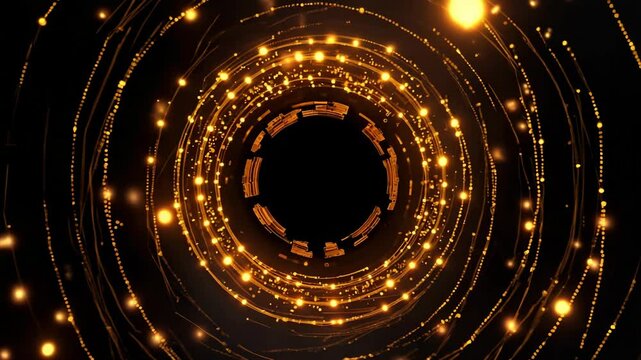 Futuristic golden circular animation of glowing particles and lines forming a digital vortex, symbolizing data flow, energy, or technology.