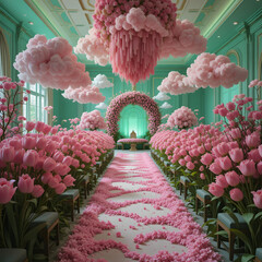 a hotel room decorated with pink tulips