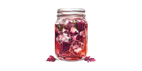 Mason Jar With Hibiscus Iced Tea And Ice Cubes. Refreshing Herbal Beverage Concept Isolated On Transparent Background