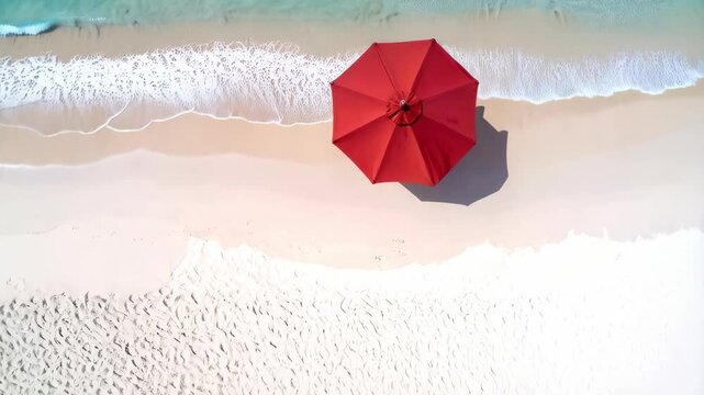 Aerial view capturing a solitary red umbrella on a pristine sandy beach with turquoise sea and gentle waves. Summer vibe showcasing a sunny tropical escape.