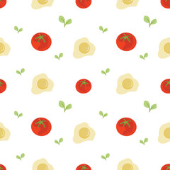 Seamless Pattern with Fried Eggs, tomatoes and greens on a white background. Balanced Breakfast concept. Ingredients for healthy breakfast