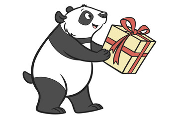 A joyful cartoon panda bear carries a tan gift box with a festive red bow