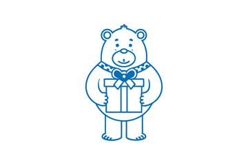 Adorable blue cartoon bear happily holding a square gift with a ribbon bow